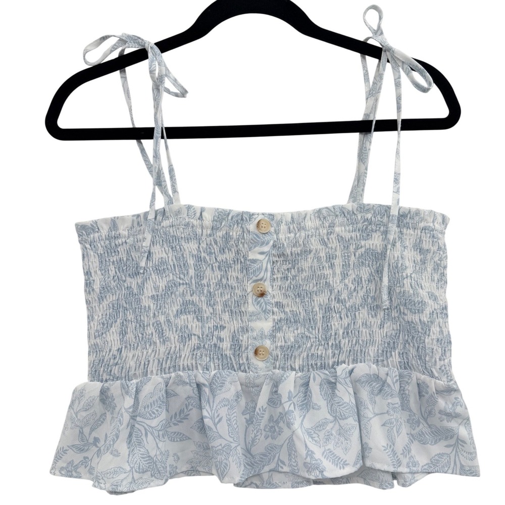 Paper Crane Smocked Peplum Crop Top Large Blue‎ White Cottage European Summer